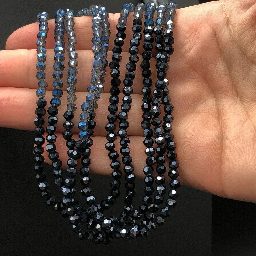 Glass Multi Strand Necklace Long Ombre Blue AB Faceted Bead Boho Gold Tone Chain